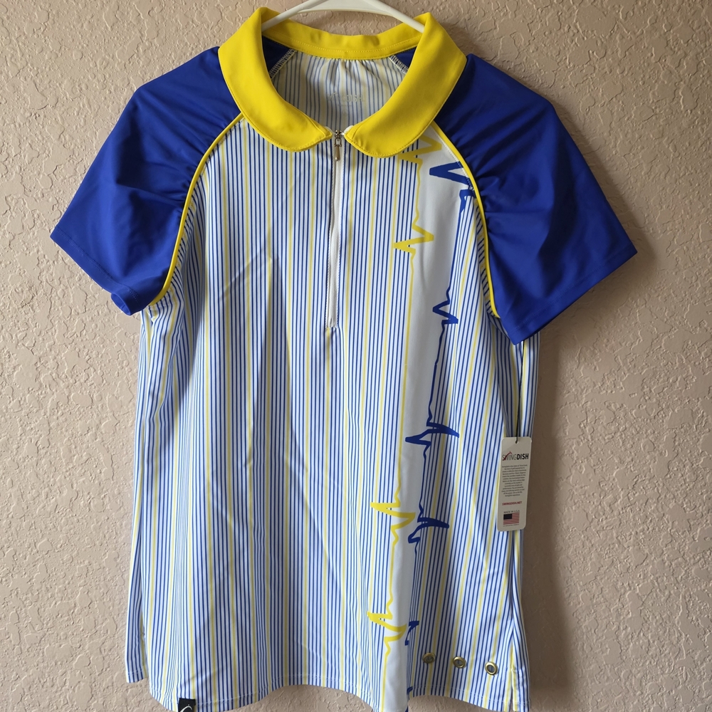 SwingDish Womens Golf Polo L Blue Yellow Stripe NWT Made USA